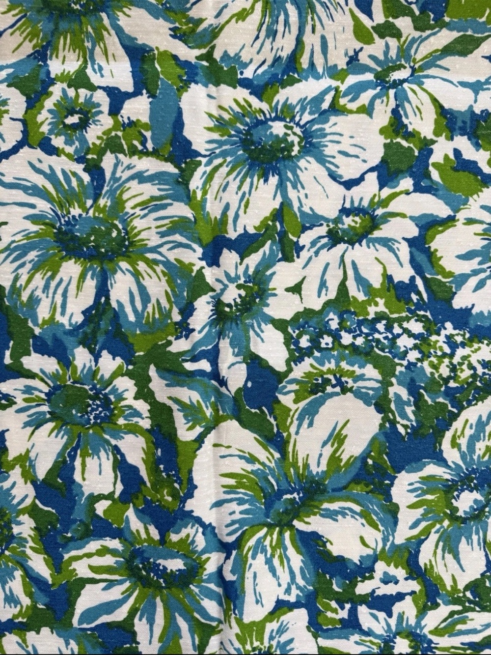 VTG 60s 70s Blue Green White Floral Slub Med-Weight Fabric 2yds + 2”L X 42”W